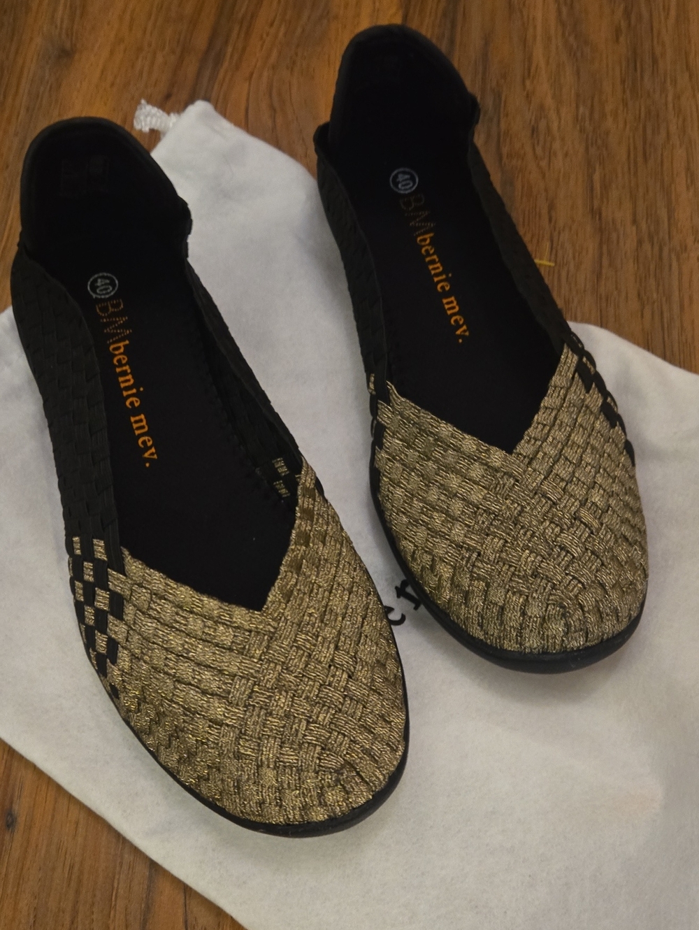 New bernie mev. Metallic Gold and Black Woven Slip-On Flats